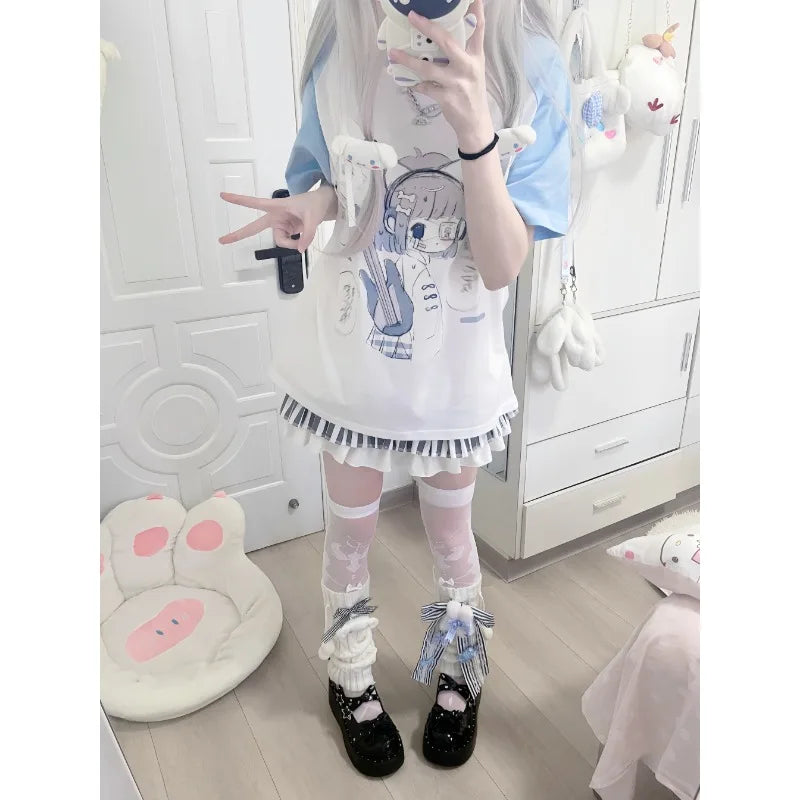 Girls Tees Popular Japanese Harajuku Cute Summer 2024 New Bule Subculture Short-sleeved T-shirt Pulovers Women Short Tops