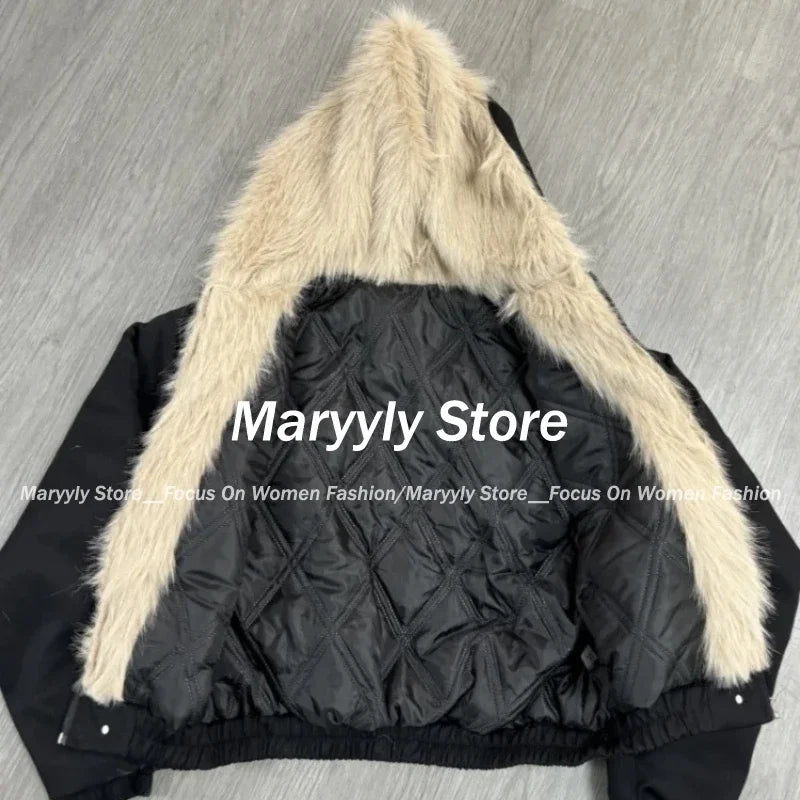 冬用エレガントファールーズコート レディース Y2K 原宿ゴシックカラーフード付き厚手ファッションパーカー カジュアルアウター コットンパッド入りジャケット