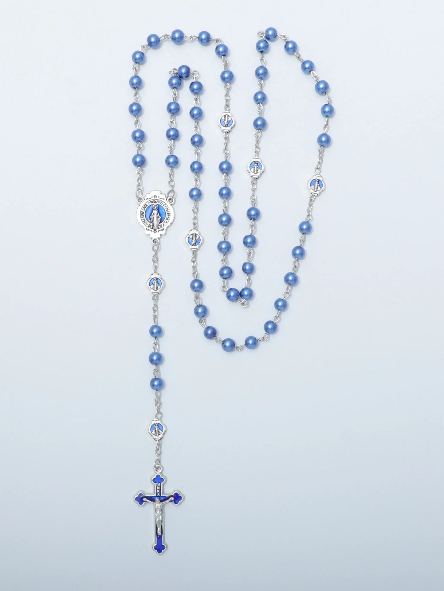 ブルーロザリオネックレス レディース メンズ 祈りビーズ ロングチェーン 宗教的 聖母マリア 十字架ペンダント メンズ パーティー ジュエリー ギフト