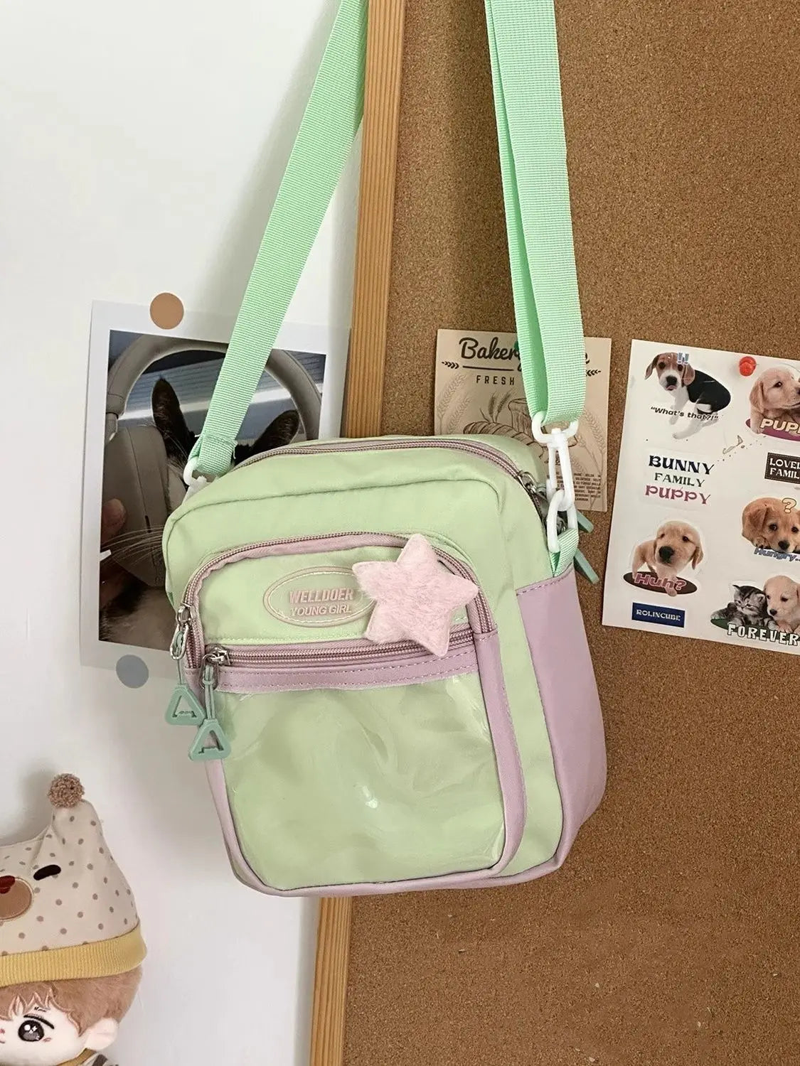 HAEX かわいいレディースイタバッグ ファッション パッチワーク ナイロン DIY バッジ クロスボディ ショルダーバッグ 原宿 カジュアル サブカルチャー ボルソ ムジェール