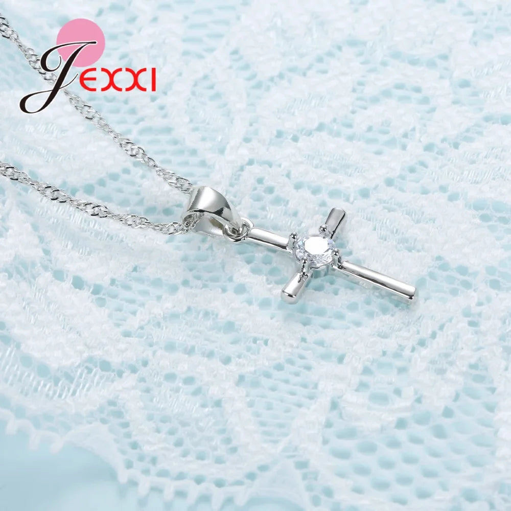 925 Sterling Silver Chain Cross Pendant Necklace Earrings Set Women Girl Bridal Wedding Accessories Female Bijoux Sets