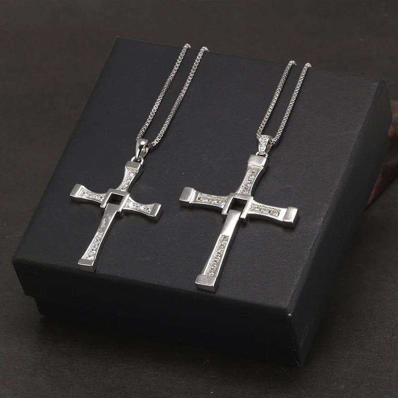 ワイルド・スピード クロスペンダントネックレス メンズ S925 スターリングシルバー ジルコン入り 回転式 ファッション パンクロックスタイル