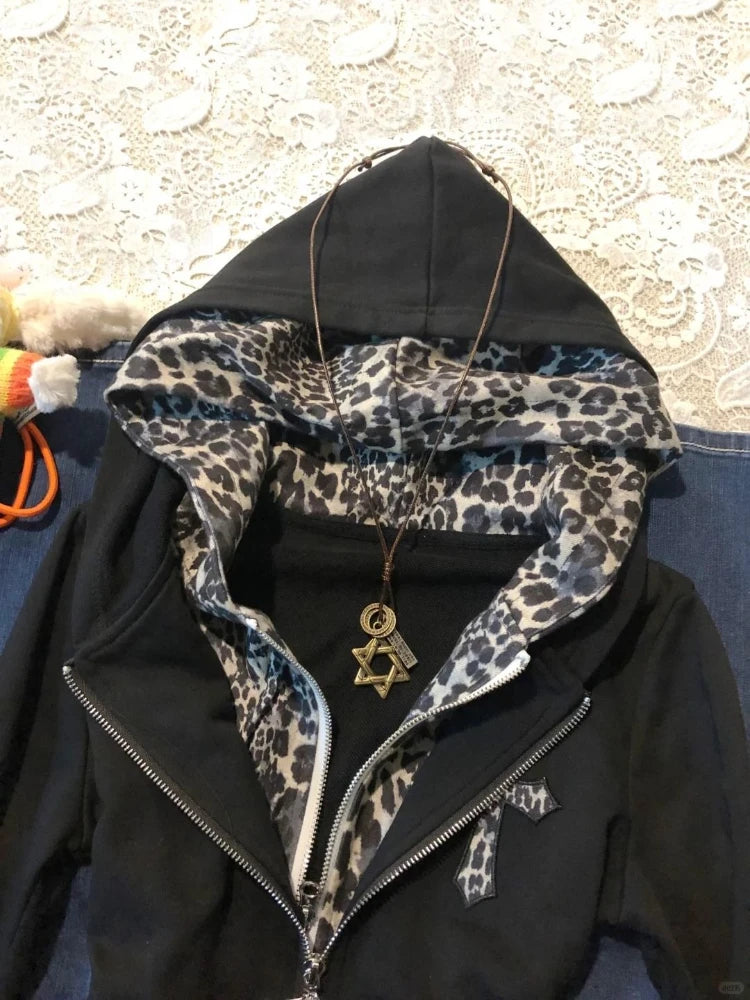 Subculture Y2k Leopard Print Patchwork Hoodie Autumn New Hot Girl Fake Two Piece Tops 2025 High Street Vintage Long Sleeve Coat