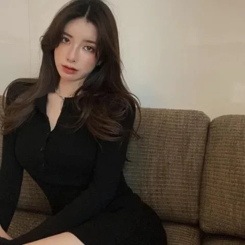 Slim Fit Long Sleeve Knitted Mini Dress Underwear Black Lace Girl Early Autumn New Style Base Layer Knit Dress Short Skirt