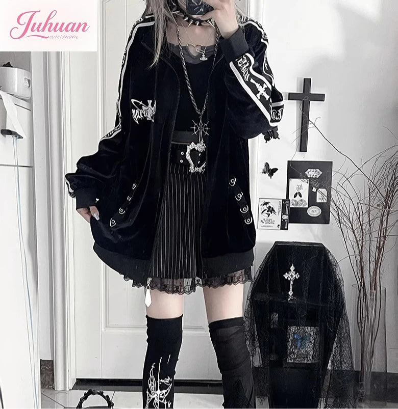 オリジナルサブカルチャーY2Kゴスベルベットプリントジッパージャケット秋新作ストリートパンクダークルーズスポーツコート原宿カジュアルジャケット