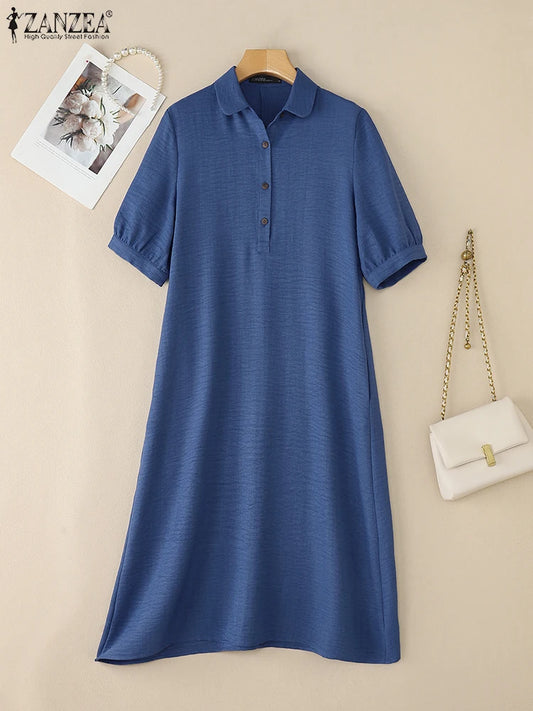 ZANZEA Women Fashion Shirt Dress 2025 Summer Sundress Lapel Neck Short Sleeve OL Work Dresses Casual Buttons Midi Vestidos Robe
