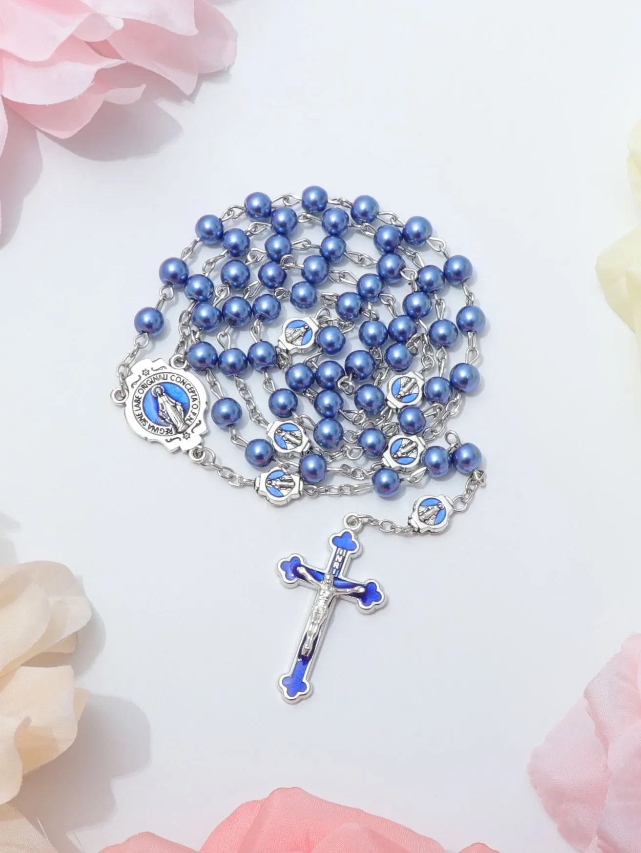 ブルーロザリオネックレス レディース メンズ 祈りビーズ ロングチェーン 宗教的 聖母マリア 十字架ペンダント メンズ パーティー ジュエリー ギフト