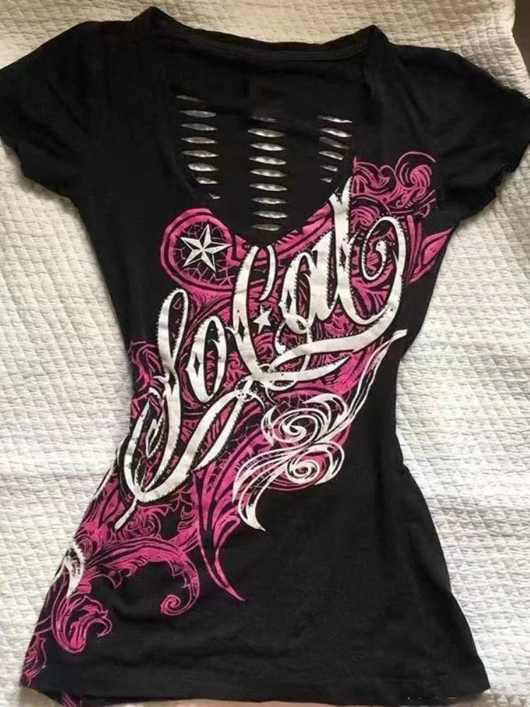 レディース サブカルチャー ヴィンテージ パープルプリント Tシャツ 夏 Y2K アメリカンレトロ スリムTシャツ カジュアル 原宿 グランジ ファッション トップス 新着