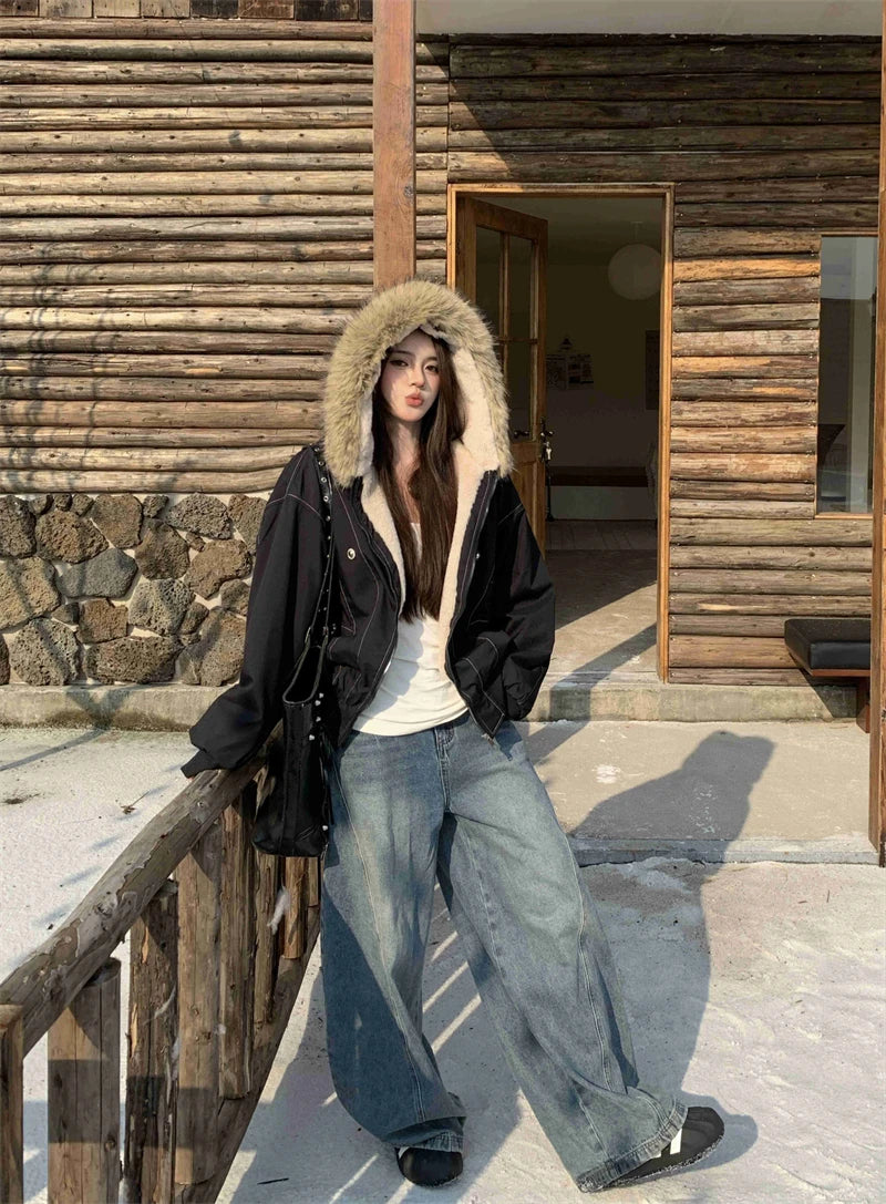 ZAROY レディース&amp;メンズ 冬用ジャケット Y2K ストリートウェア ファーカラー フード付き カジュアル ルーズコート 暖かい 原宿系 パーカー ゴシック パーカー куртк