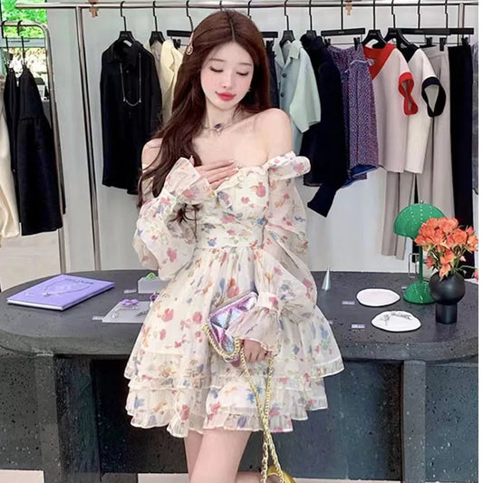 Women's Dresses Off Shoulder Floral Printed  Long Sleeve Ruffles Party Mini Dresses Ruffle Slim Short Dresses Fairy Sweet