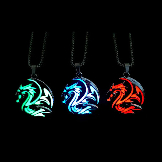 Hiphop Rock Stainless Steel Chain Luminous Alloy Dragon Pendant Glowing Necklace Night Dance Disc Glow In The Dark Necklace
