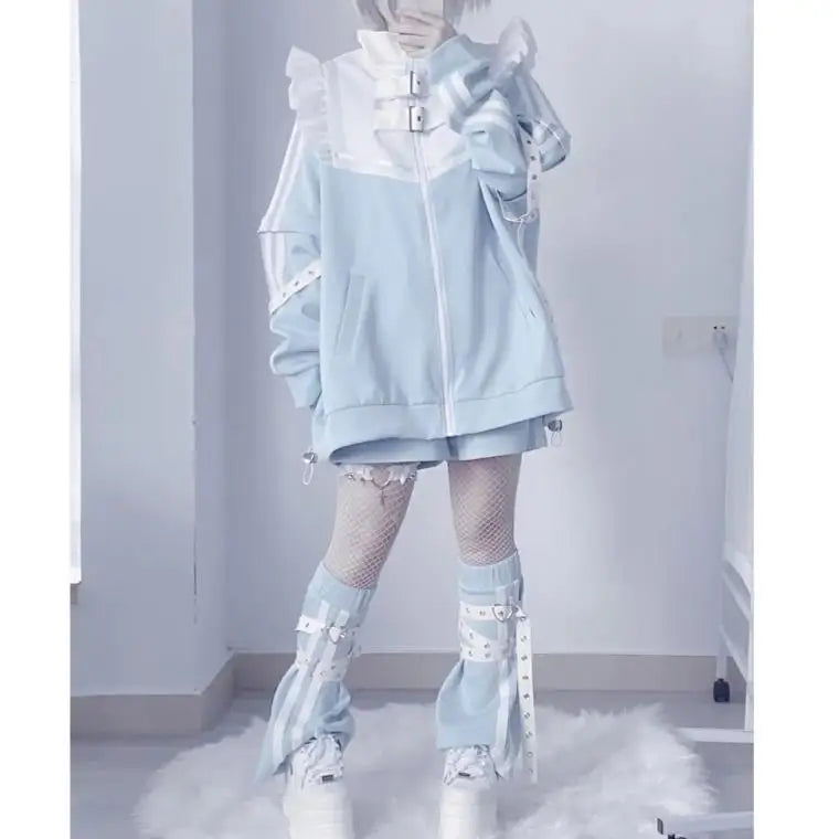 日本のサブカルチャーステッチパッチワークパーカー レディース 2024年秋 フリルエッジ 原宿系 Y2K パーカー 2000年代風 ルーズジッパー スウェットシャツ