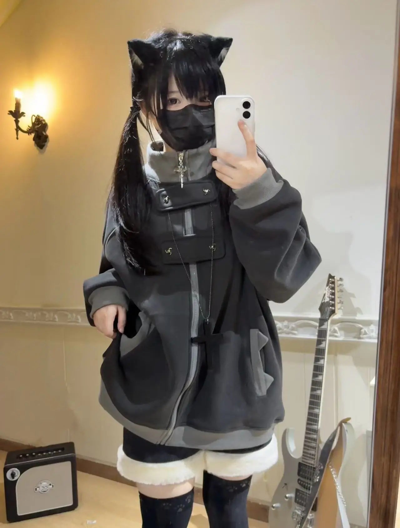 ファッションベルベットスタンドカラーサブカルチャー猫耳フード付きスウェットシャツジャケットオリジナルゴシック長袖ゆったり暖かいエレガントコート