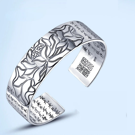 925スターリングシルバー 新作 レディース メンズ ファッションジュエリー レトロ 蓮の彫刻 仏教経典 祝福ブレスレット