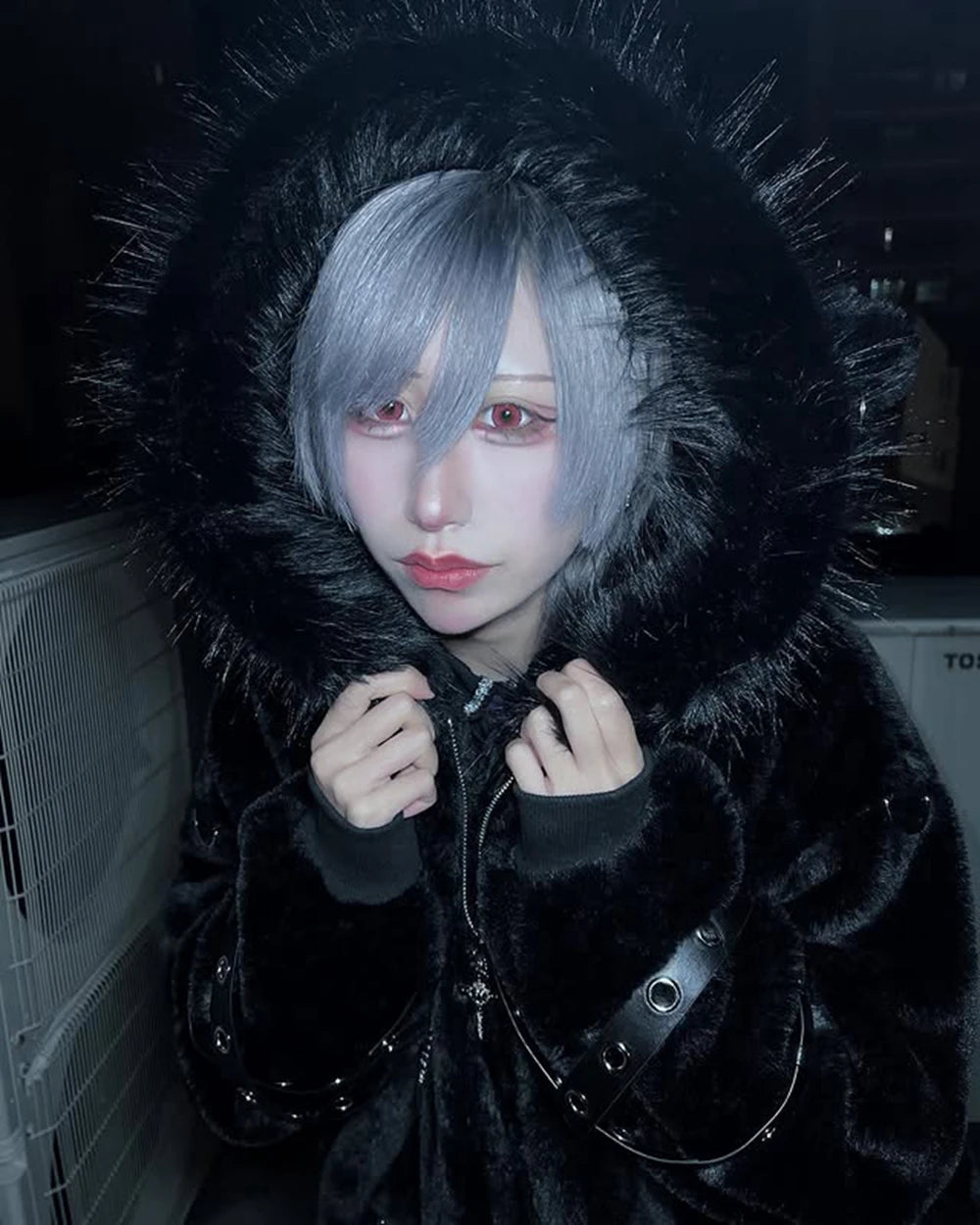 日本製マインシリーズ リベットクロス シープイヤー フード付きジャケット 冬物 新作 ゴスパンク ダークガールズ イミテーションファー プラッシュコート レディース