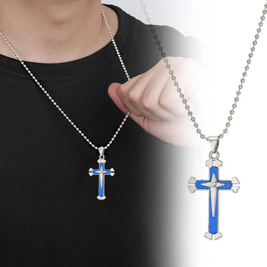 Vintage Crosses Pendant Necklace With Bead Chain Jewelry Necklace Blue Fashion Patterned Men Accessories Alloy Cross