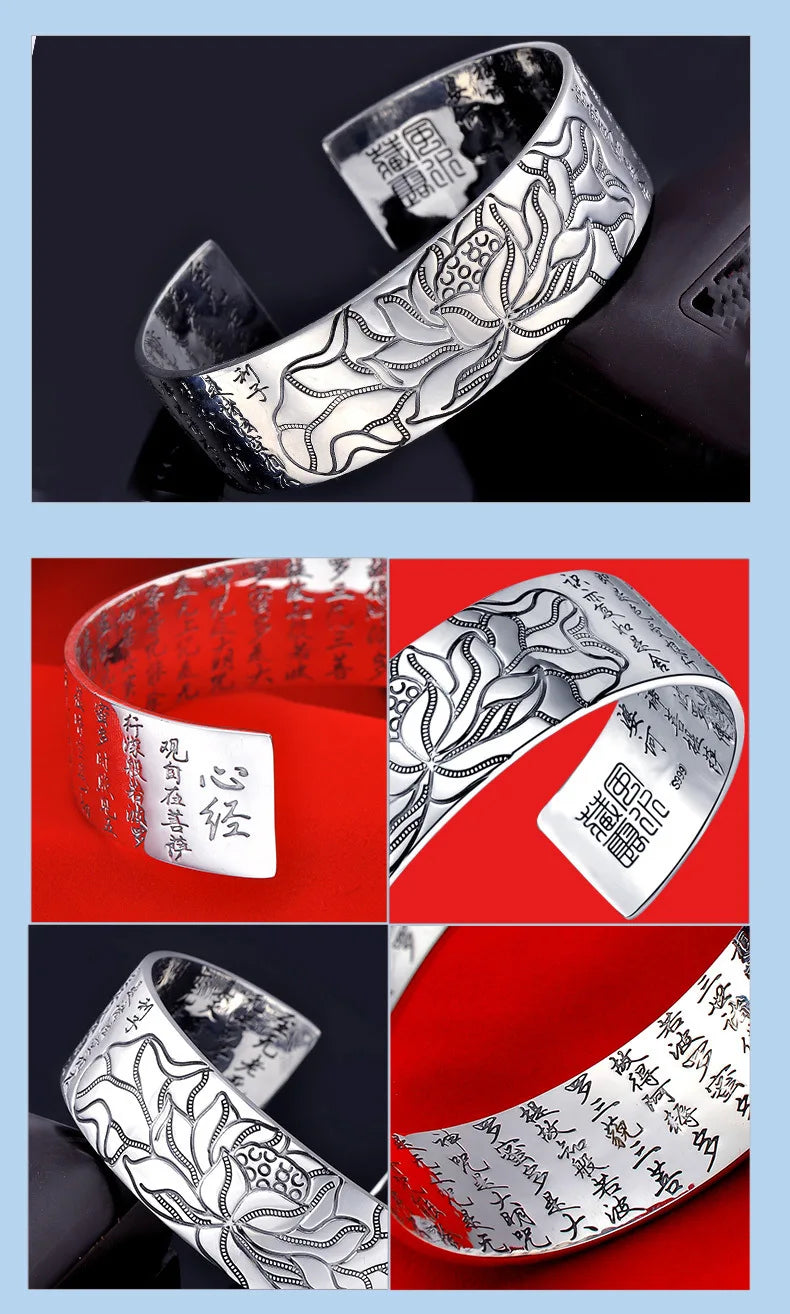 925スターリングシルバー 新作 レディース メンズ ファッションジュエリー レトロ 蓮の彫刻 仏教経典 祝福ブレスレット