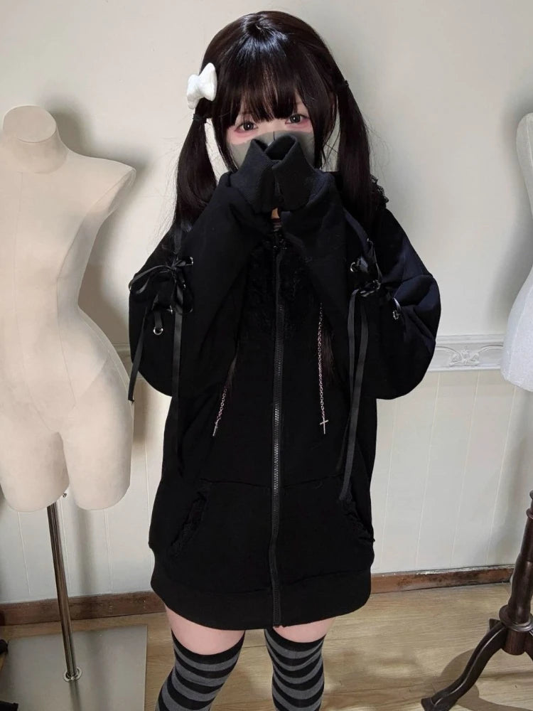 ゴシックサブカルチャーブラックレースルーズパーカーレディース秋美的愛らしい長袖フード付きコートカジュアル暖かい冬オーバーコート