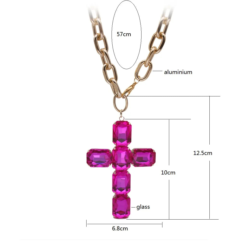 ファッショナブルで誇張された大きなガラスのクロスネックレスペンダント、豪華なクリスマスギフトジュエリー