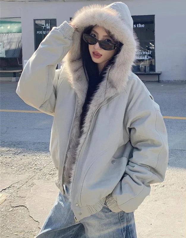 ZAROY レディース&amp;メンズ 冬用ジャケット Y2K ストリートウェア ファーカラー フード付き カジュアル ルーズコート 暖かい 原宿系 パーカー ゴシック パーカー куртк