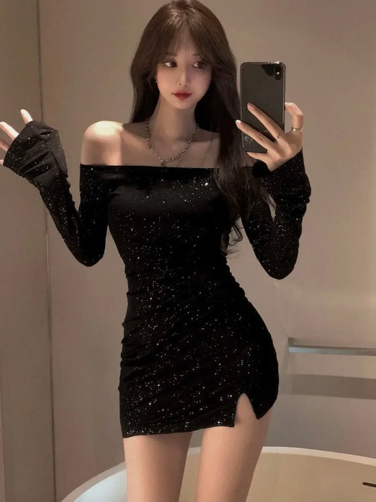 One Shoulder Dress Elegant Female Slim Diamond Long Sleeve Irregular Sexy Hot Girl Short Spring Autumn Black Sweater Dress