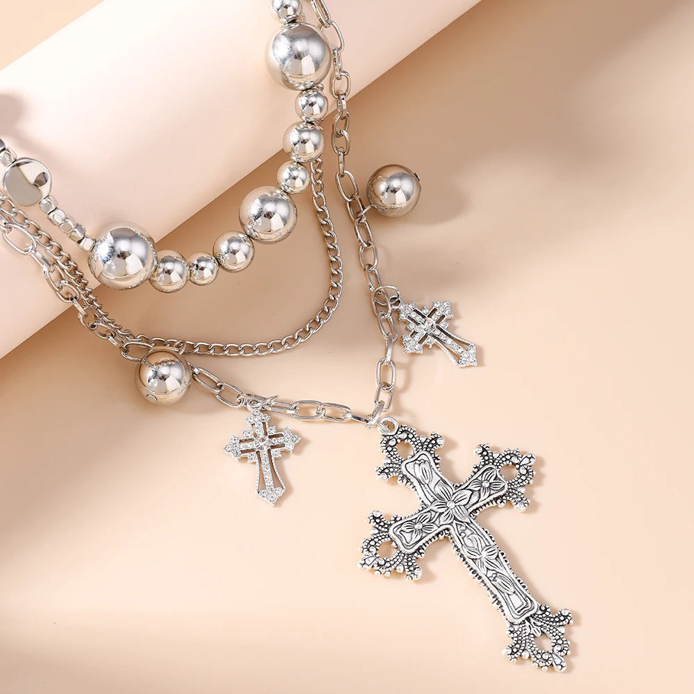 クールなゴシッククロスペンダントネックレス。レディース・メンズ用。多層ビーズチョーカーネックレス。ヒップホップ・パンクジュエリーギフト。