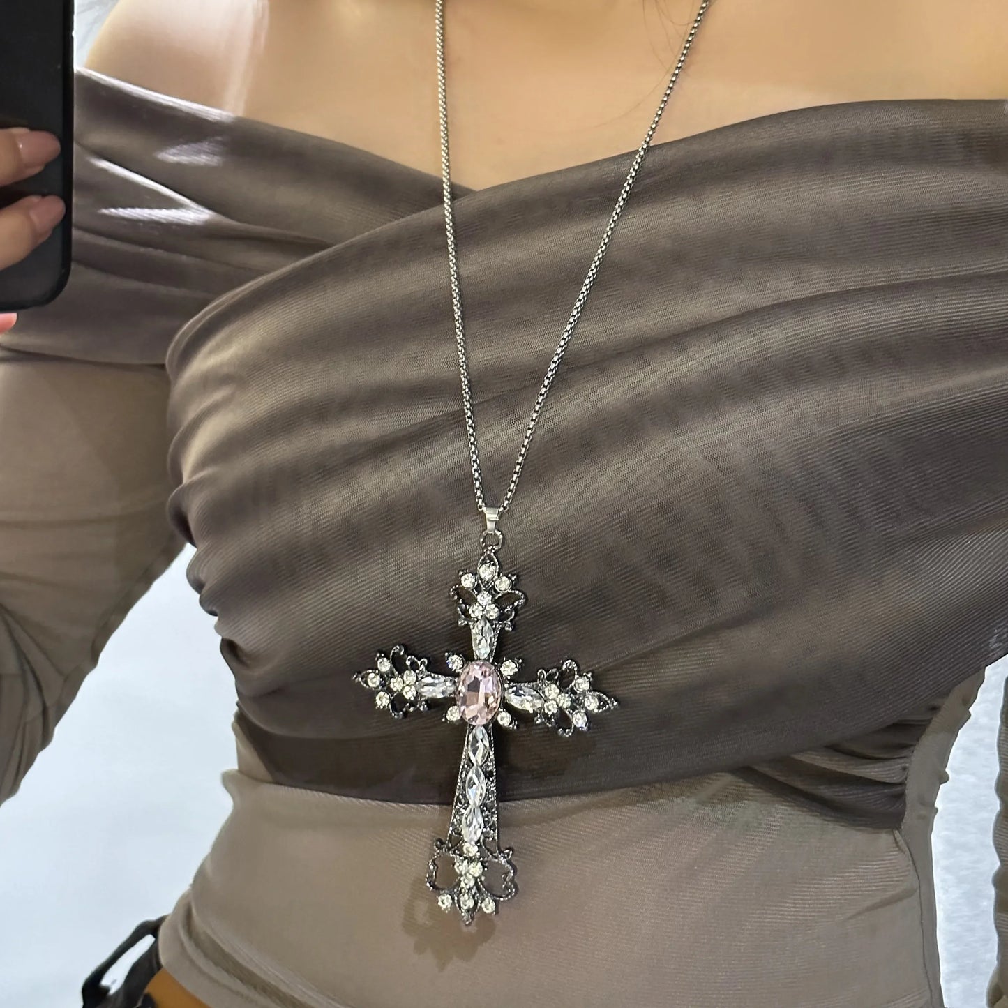 ゴシック ビッグジルコン クロスネックレス ユニセックス Y2K 不規則 ゴス ラージクロスペンダントネックレス メンズ レディース カップルネックレス ジュエリー