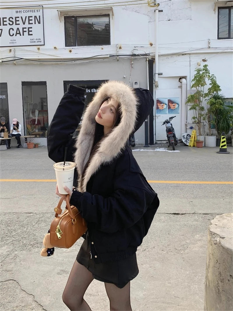 ZAROY レディース&amp;メンズ 冬用ジャケット Y2K ストリートウェア ファーカラー フード付き カジュアル ルーズコート 暖かい 原宿系 パーカー ゴシック パーカー куртк