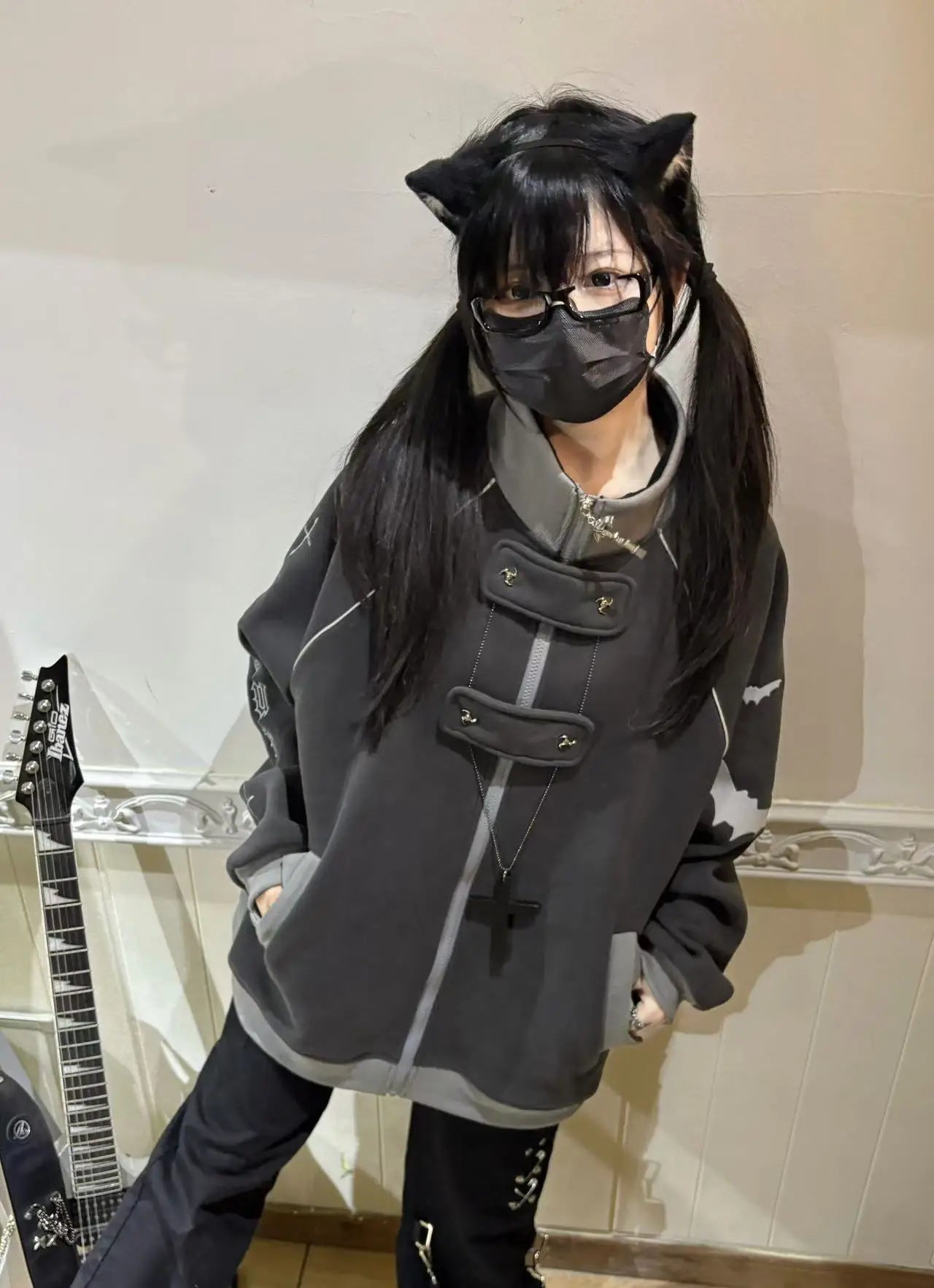 ファッションベルベットスタンドカラーサブカルチャー猫耳フード付きスウェットシャツジャケットオリジナルゴシック長袖ゆったり暖かいエレガントコート