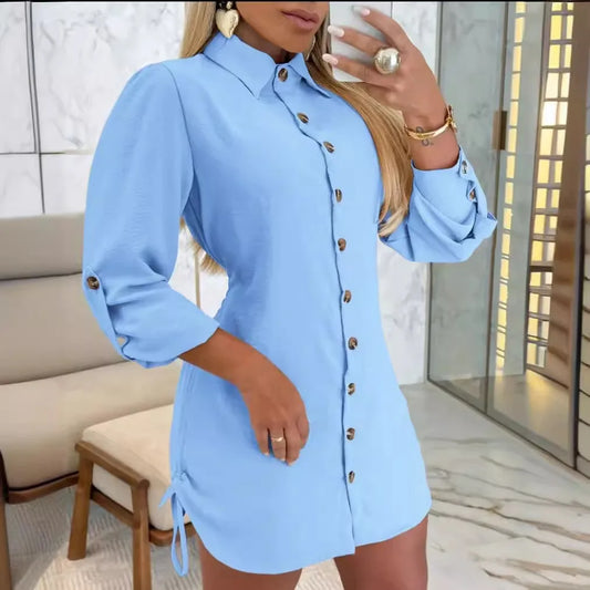 Women Fashion Spring Autumn Blouse Button Dress Turn Down Collar Long Sleeve Double Side Lace Up Shirring Casual  Mini OL Dress
