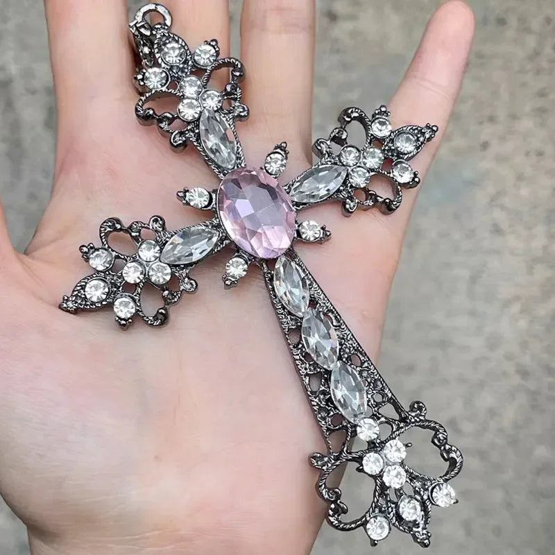 ゴシック ビッグジルコン クロスネックレス ユニセックス Y2K 不規則 ゴス ラージクロスペンダントネックレス メンズ レディース カップルネックレス ジュエリー