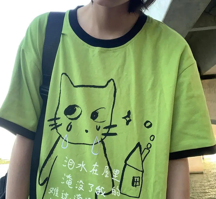 日本のサブカルチャー かわいい猫プリント 半袖Tシャツ レディース 夏 ヴィンテージ グリーン カジュアル ゆったり スウィートガール Y2K トップス