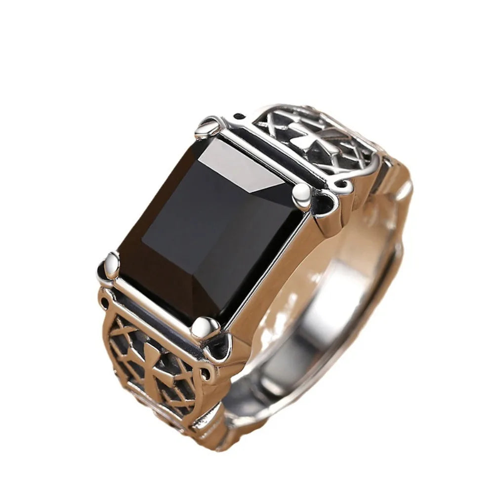 ヴィンテージ シルバー ブラック オニキス リング スクエア 個性的 ヒップホップ パンクスタイル シングルクロスリング パーティー クラブ ファインジュエリー メンズ