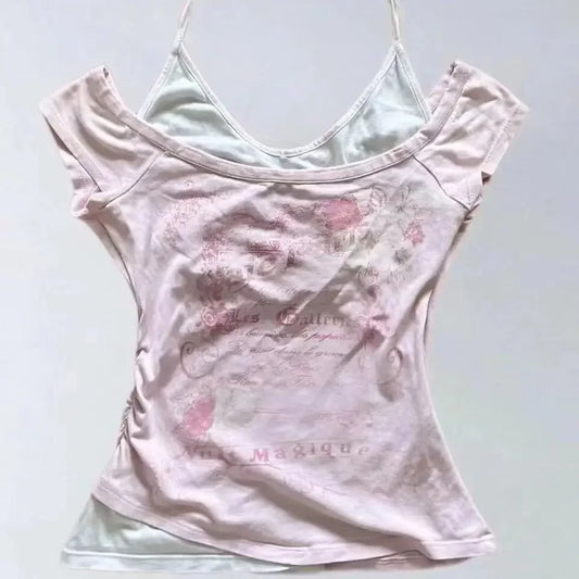 サブカルチャー女性服 Y2K パンクTシャツ アメリカンヴィンテージ スイートセクシー ショート丈 女性服 グリーン 夏 カジュアル 人気トップス