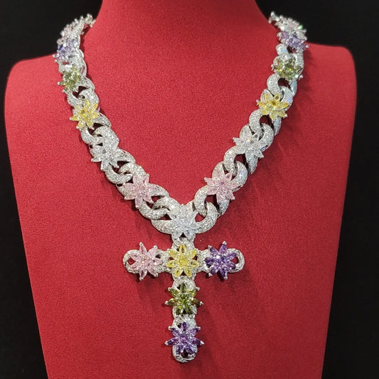 ファッションなアイスアウト カラフルフラワーネックレスチェーン 豪華なリンククロスチェーン レディース ヒップホップジュエリー 女の子 誕生日プレゼント