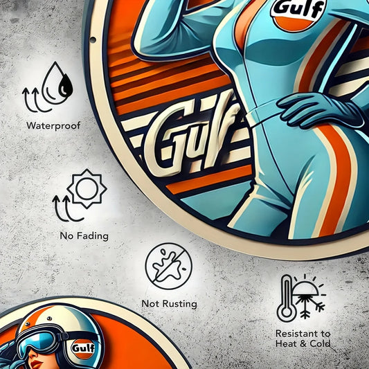 Vintage Gulf Racing Metal Wall Decor Sign | 8x8 Inch Aluminum Art Plate with Retro Woman Racer Design, Ideal for Home