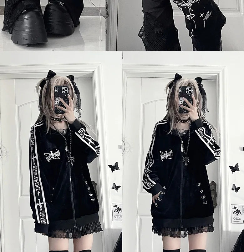 オリジナルサブカルチャーY2Kゴスベルベットプリントジッパージャケット秋新作ストリートパンクダークルーズスポーツコート原宿カジュアルジャケット