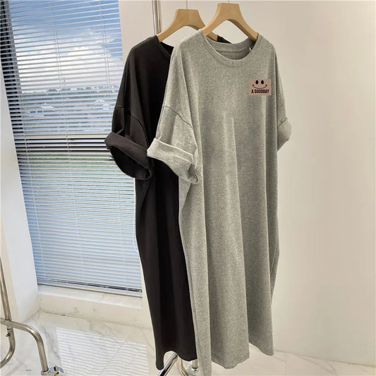 Women's New Short Sleeved Dress Korean Casual Oversized Loose Round Neck Dress
