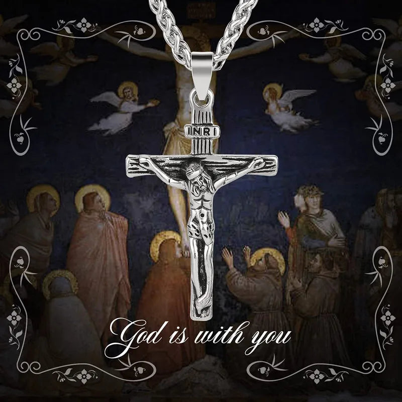 男性用新宗教イエス十字架ネックレス。ゴールドカラーのクロスペンダントとチェーンネックレス。男性と女性へのジュエリーギフト。