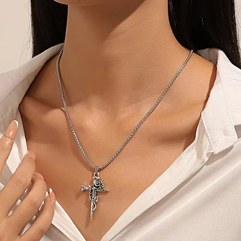 Vintage Rose Flower Cross Personality Trendy Jewelry for Men and Women Long Necklace Hip Hop Couple Alloy Pendant Sweater Chain