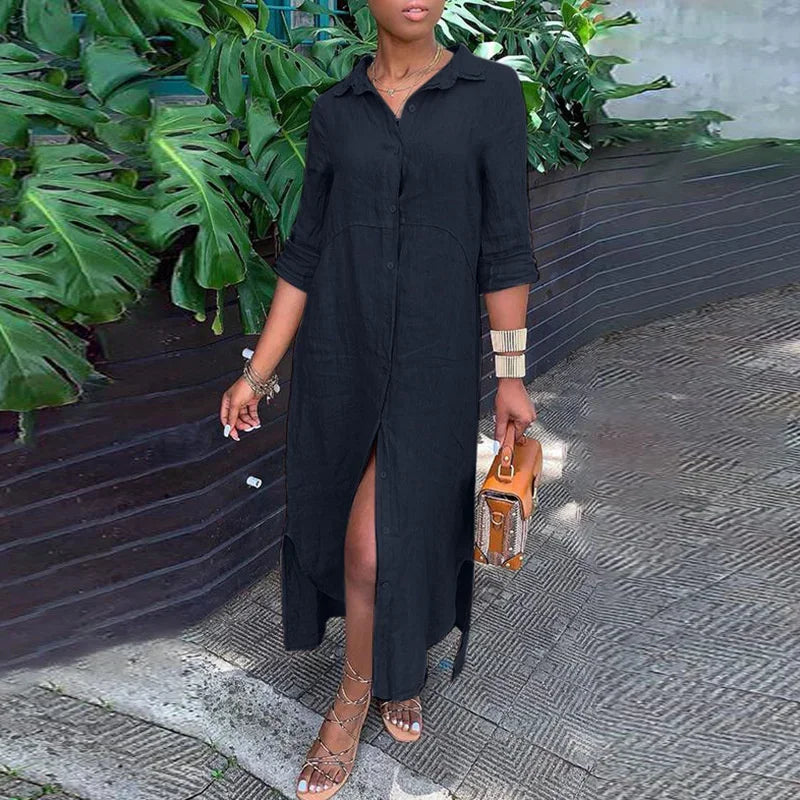 Women Comfortable Casual Cotton Linen Dresses Lapel Single-breasted Cardigan Dress Spring Autumn Long Sleeve Daily Commuter Gown
