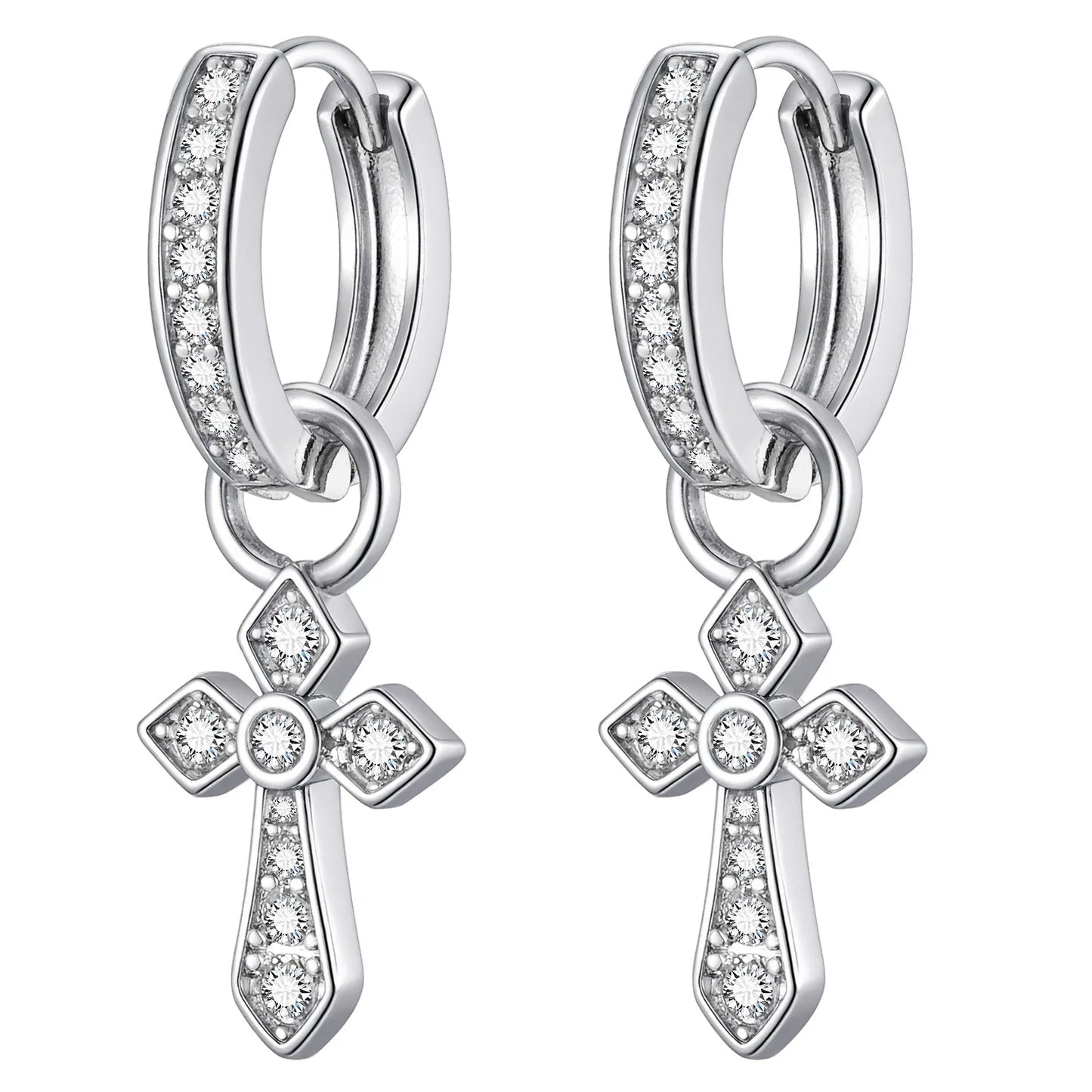 Vnox クロスペンダントフープイヤリング メンズ ボーイズ 27.6mm シルバーカラー 銅ジルコン パンクジュエリー ゴシックスタイル 誕生日パーティーギフト