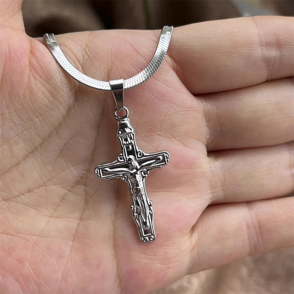 キリスト教イエス十字架ネックレス レディース メンズ ステンレススチールチェーン チョーカー 宗教的十字架ペンダント ジュエリー 祈り 洗礼ギフト