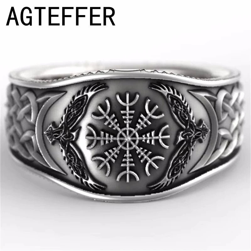 北欧神話の物語、バイキングケルトコンパス、レトロなグラフィティメッキS925タイシルバーリング（男性用）