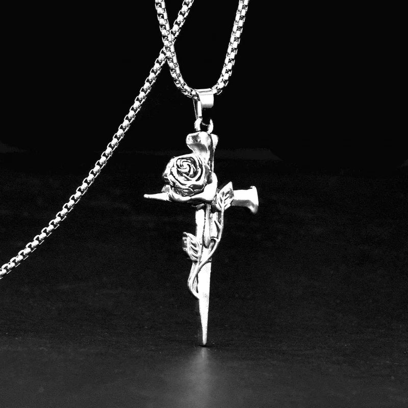 Vintage Rose Flower Cross Personality Trendy Jewelry for Men and Women Long Necklace Hip Hop Couple Alloy Pendant Sweater Chain