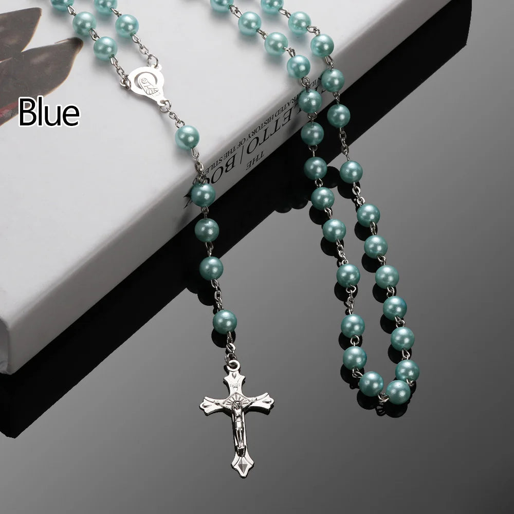 ファッションヴィンテージクロスネックレスロザリオビーズチェーンイエス十字架聖母マリアペンダントチェーンジュエリーネックレス