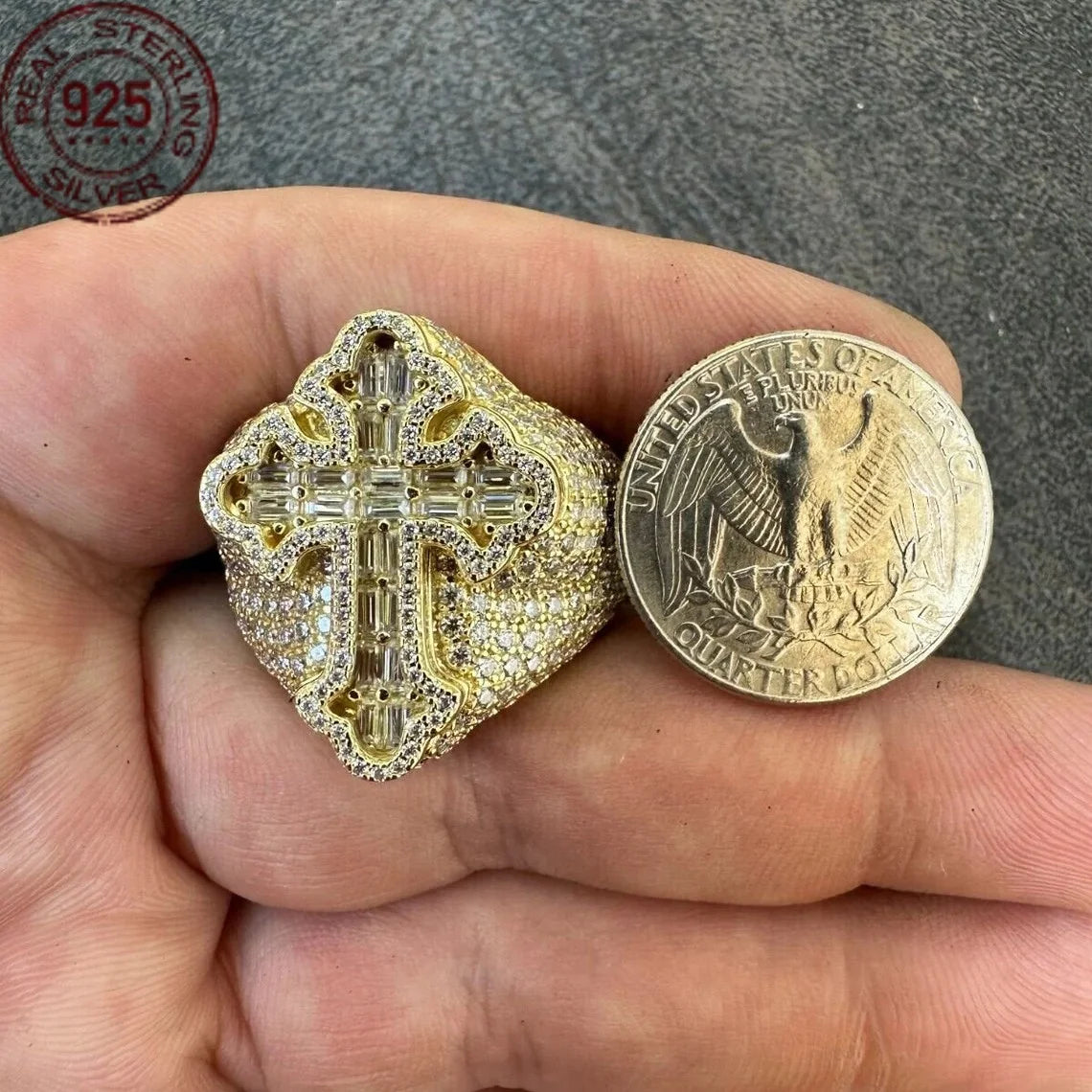 メンズ バゲット ゴールドメッキ 925 スターリングシルバー ゴシック クロスリング フルジルコン象嵌 高級 ヒップホップリング レトロジュエリー