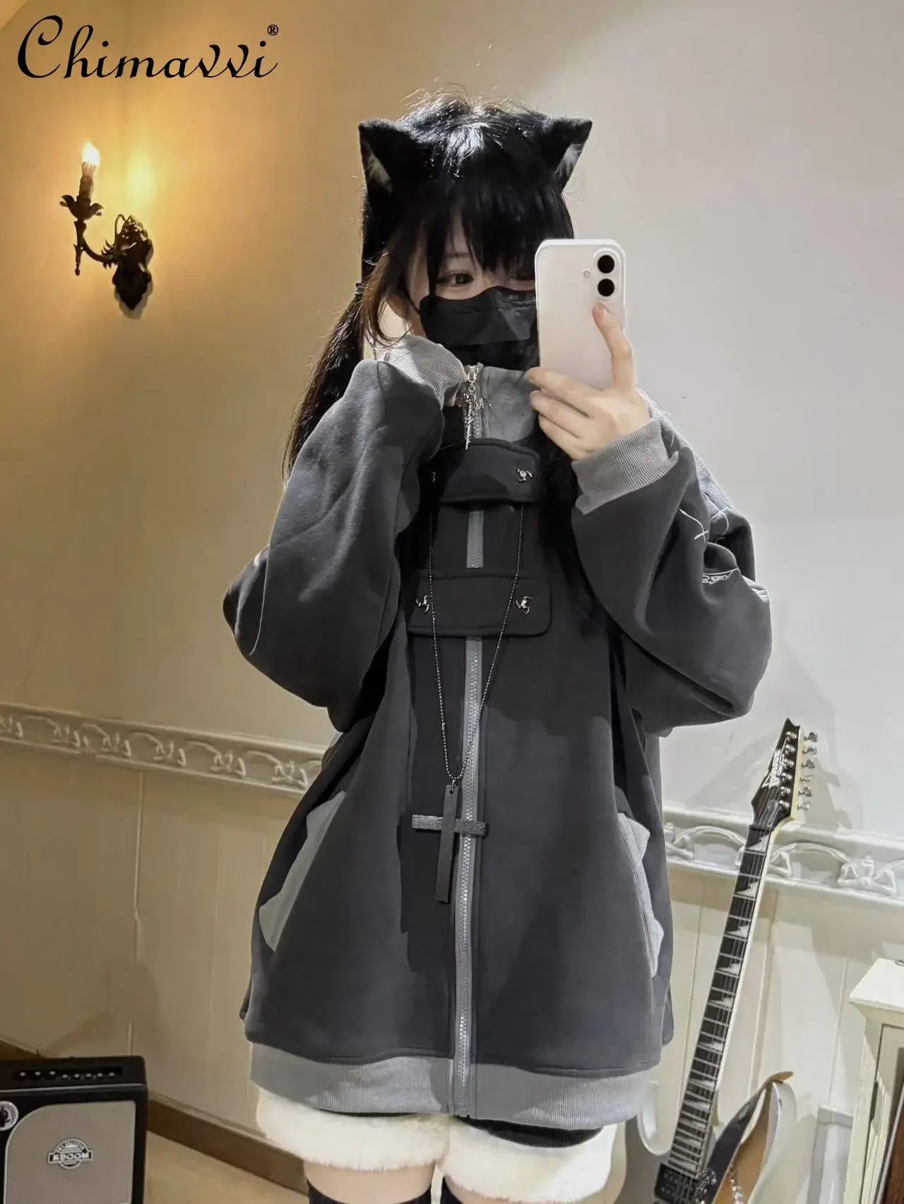 ファッションベルベットスタンドカラーサブカルチャー猫耳フード付きスウェットシャツジャケットオリジナルゴシック長袖ゆったり暖かいエレガントコート