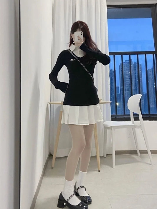 Women Polo Collar Pleated Mini Dresses Spring Autumn Vintage Preppy School Style Shirt Dresses Slim Fit Long Sleeve Korean Style