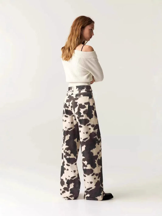 Waed American Retro Cow Pattern Loose Wide Leg Straight Casual Long Jeans Women Vintage Trendy High Waist Denim Pants